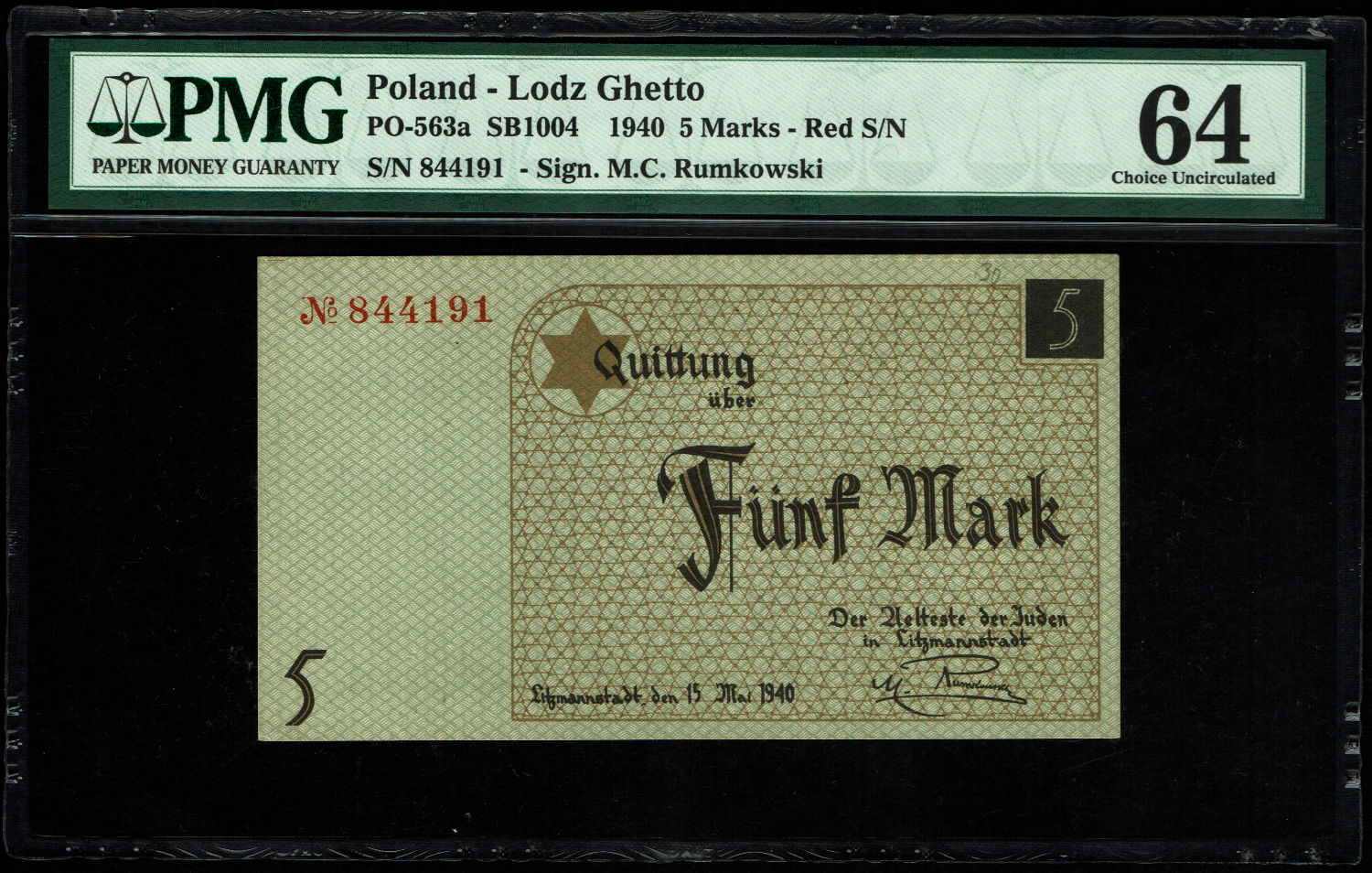 Poland - 5 mark 1940 - ghetto Lodz - PMG UNC 64
Banknote of 5 mark issued in the Lodz ghetto in ... - 1 0