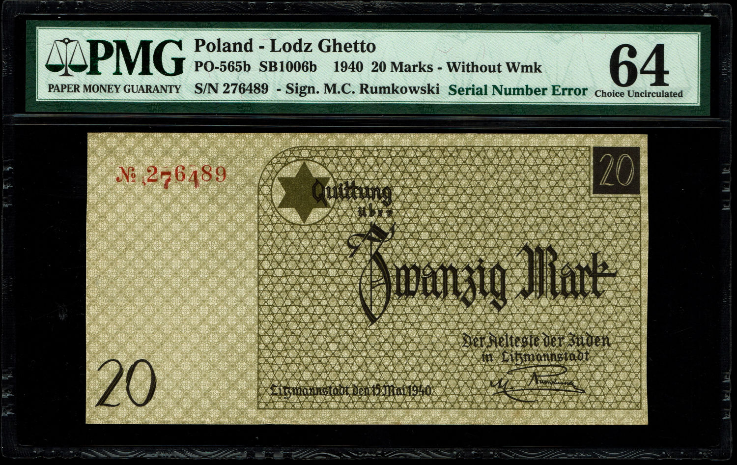 Poland - 20 mark - 1940 - ghetto Lodz - Serial number error - PMG UNC 64 - Rare
Banknote of 20 mark ... - 1 0