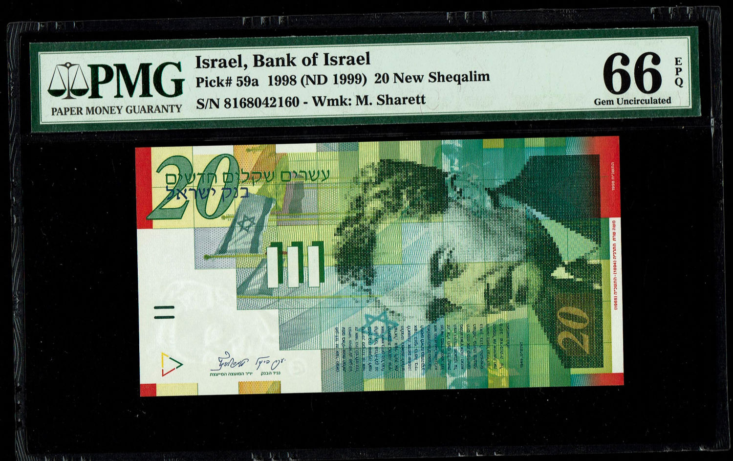 Israel - 20 New Shekels 1998 - PMG 66 EPQ
Front: Portrait of Moshe Sharett, picture of the ceremony ... - 1 0