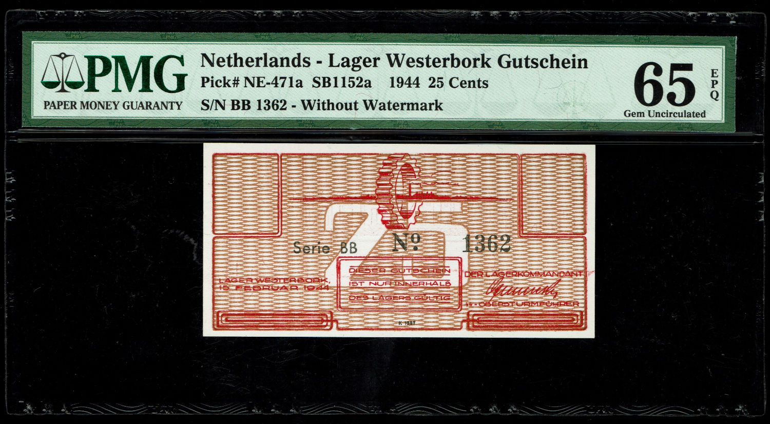 Netherlands - 25 cents 1944 - Westerbork camp - PMG 65 EPQ - consecutive numbers
WW2 Westerbork ... - 1 3