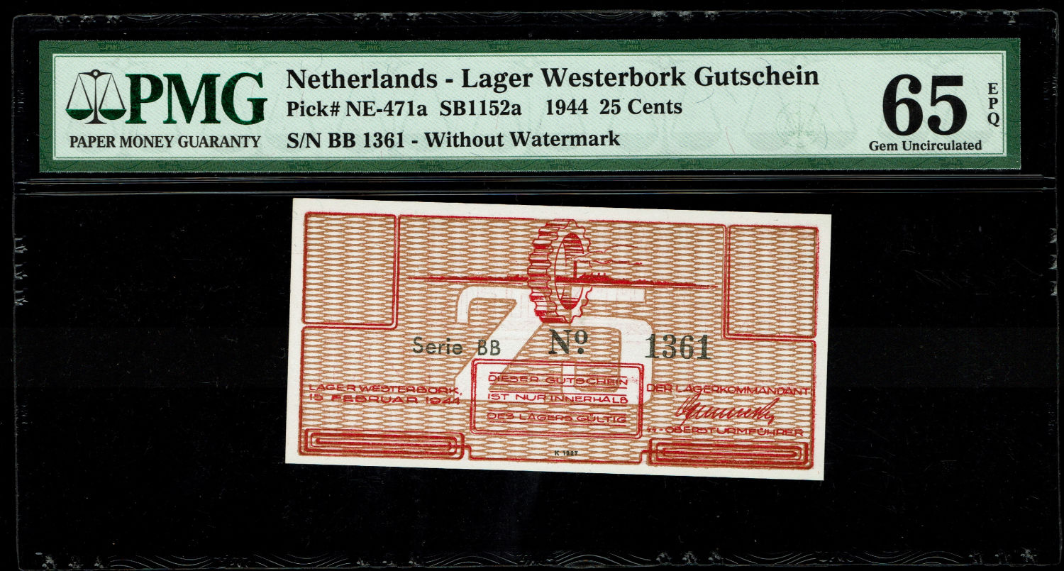 Netherlands - 25 cents 1944 - Westerbork camp - PMG 65 EPQ - consecutive numbers
WW2 Westerbork ... - 1 1