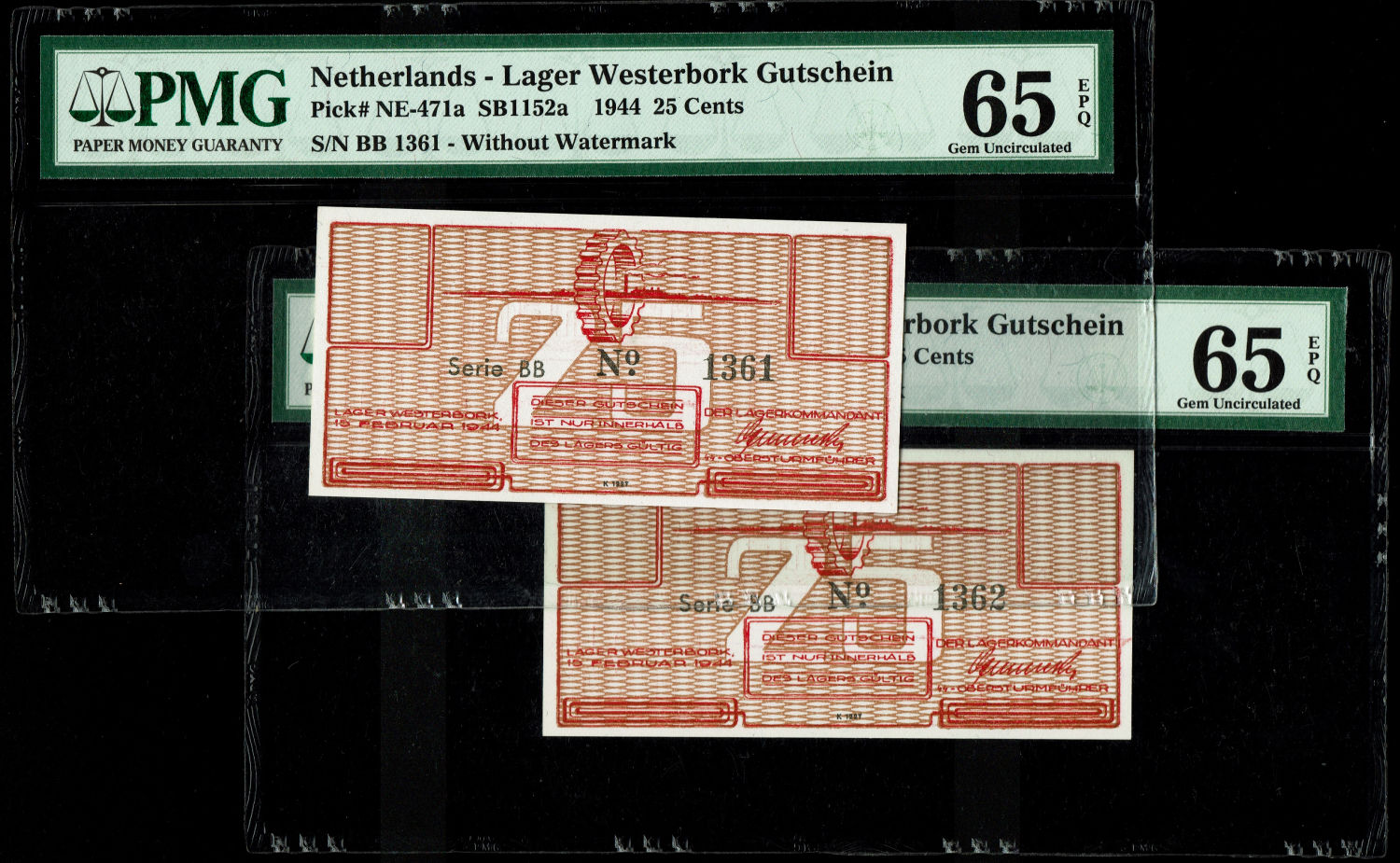Netherlands - 25 cents 1944 - Westerbork camp - PMG 65 EPQ - consecutive numbers
WW2 Westerbork ... - 1 0