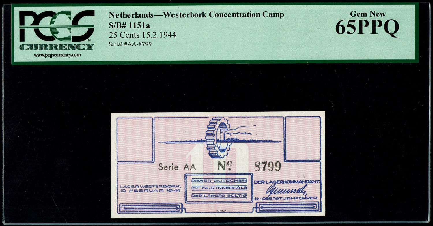 Netherlands - 10 cents 1944 - Westerbork camp - PCGS 65 PPQ
Westerbork voucher, acquired by Harry ... - 1 0