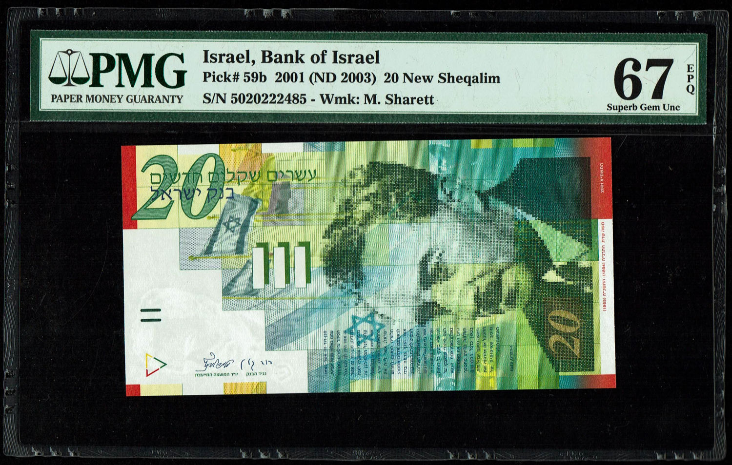 Israel - 20 New Shekels 2001 - PMG 67 EPQ
Front: Portrait of Moshe Sharett, picture of the ceremony ... - 1 0