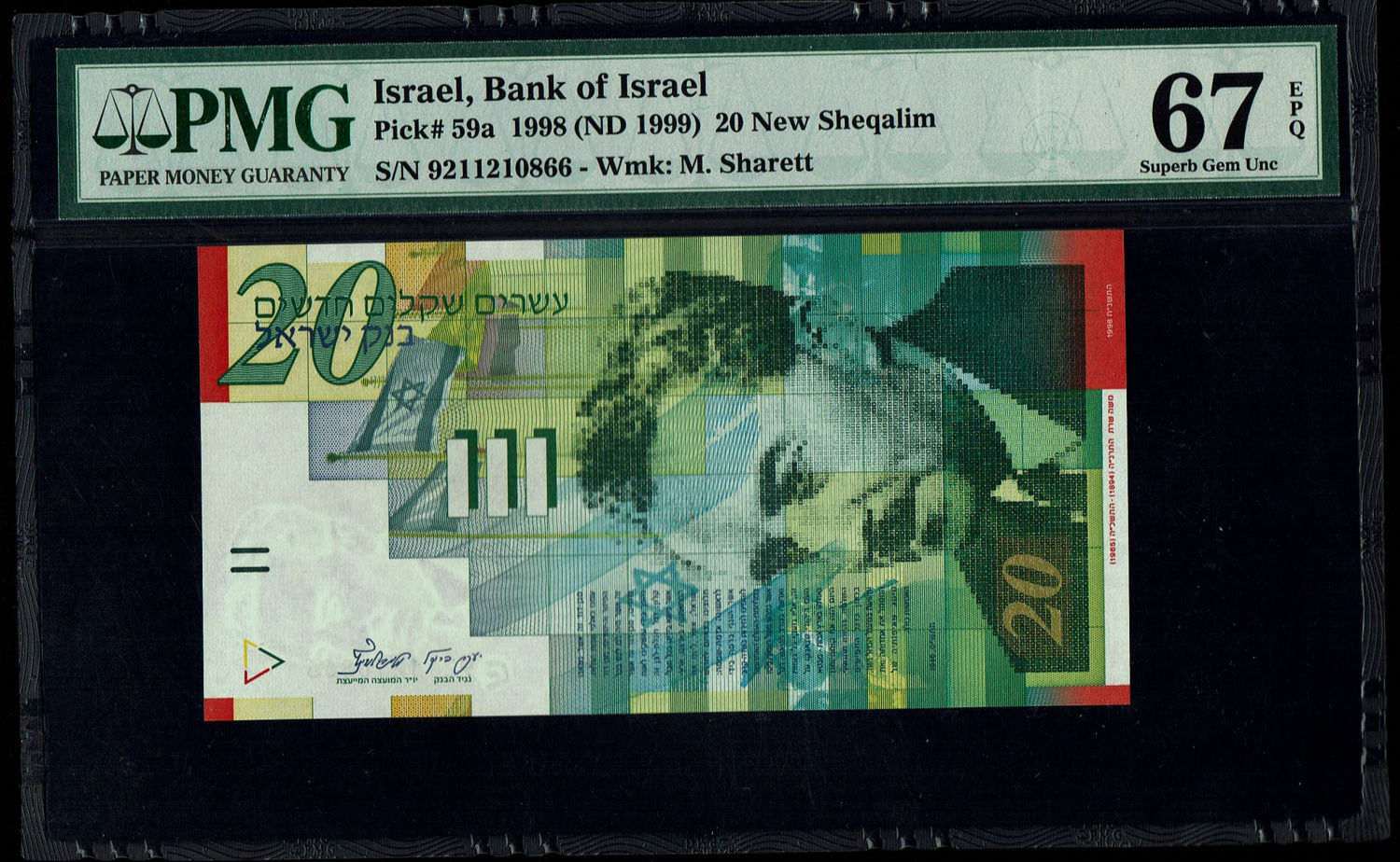 Israel - 20 New Shekels 1998 - PMG 67 EPQ
Front: Portrait of Moshe Sharett, picture of the ceremony ... - 1 0