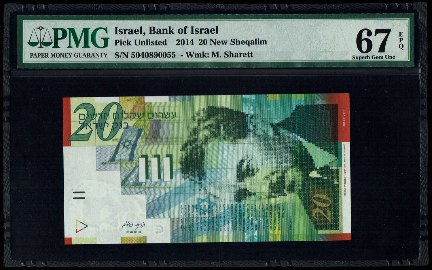Israel - 20 New Shekels 2014 - PMG 67 EPQ
Front: Portrait of Moshe Sharett, picture of the ceremony ... - 1 0