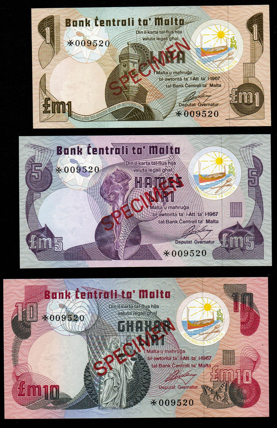Malta - 1, 5, 10 pounds 1967 - Specimen - UNC
Arriving in a special envelope with a ... - 1 2