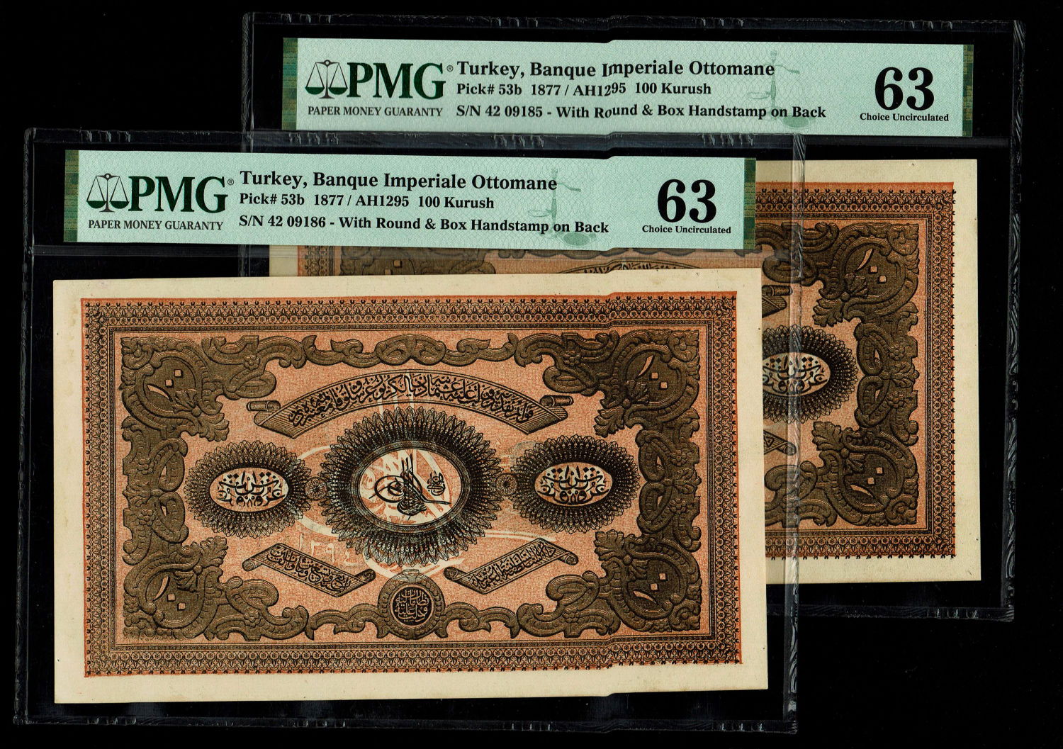 Turkey / Ottoman Empire - Pair of banknotes, 100 Kurush 1877 (AH 1295) - Consecutive Numbers - PMG ... - 1 0