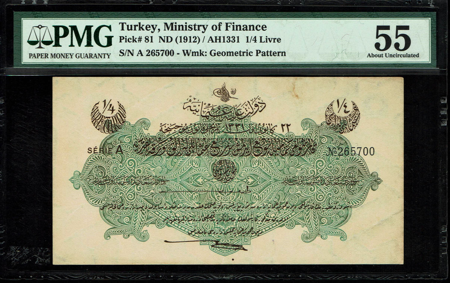 Turkey / Ottoman Empire - 1/4 Livre (Pound) 1912 (AH 1331) - PMG 55
Ottoman banknotes were ... - 1 0