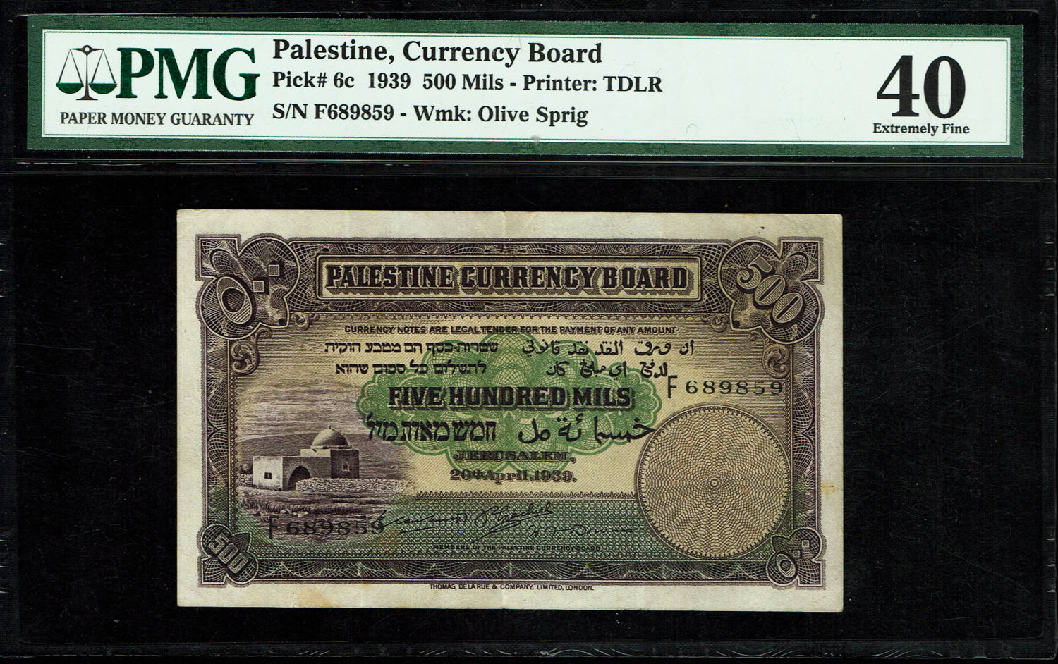 Palestine - 500 mils 1939 - PMG XF40 - Prefix F
In 1917, the British conquered Israel from the ... - 1 0