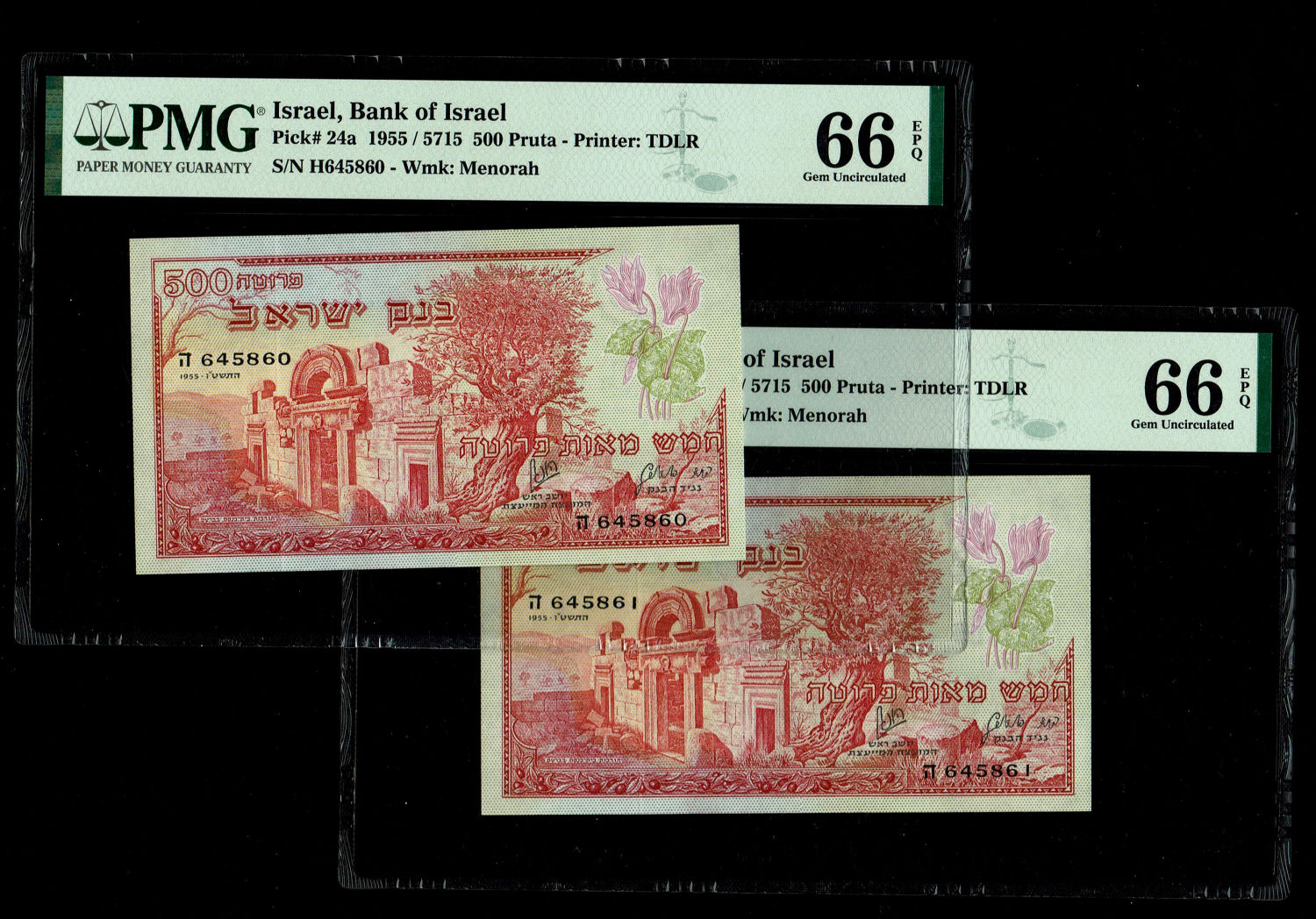 Israel - 500 Pruta 1955 - PMG 66 EPQ - Consecutive Numbers - Prefix H
Very high grades
... - 1 0