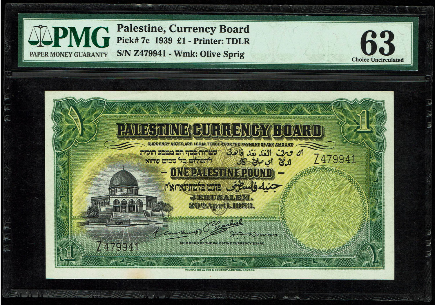 Palestine - 1 Lira 1939 - PMG UNC 63 - Prefix Z
A very high quality banknote, an item that is ... - 1 0