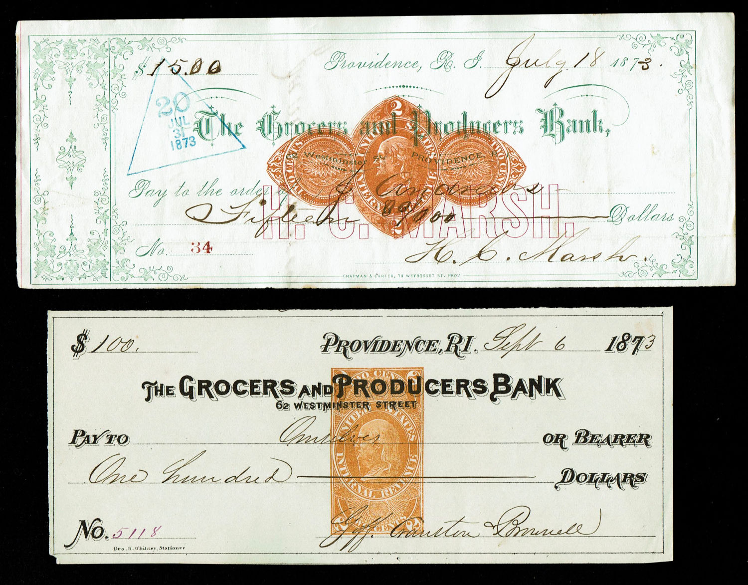 USA - Lot of 8 checks from the 19th century - different years and conditions - 1 5