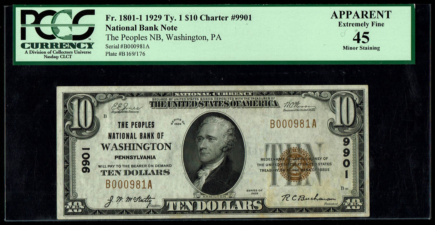 USA - Pair of $ 10 Banknotes 1929 - Consecutive and Low Numbers - 000980-981 - Washington Bank Issue - PCGS ... - 1 3