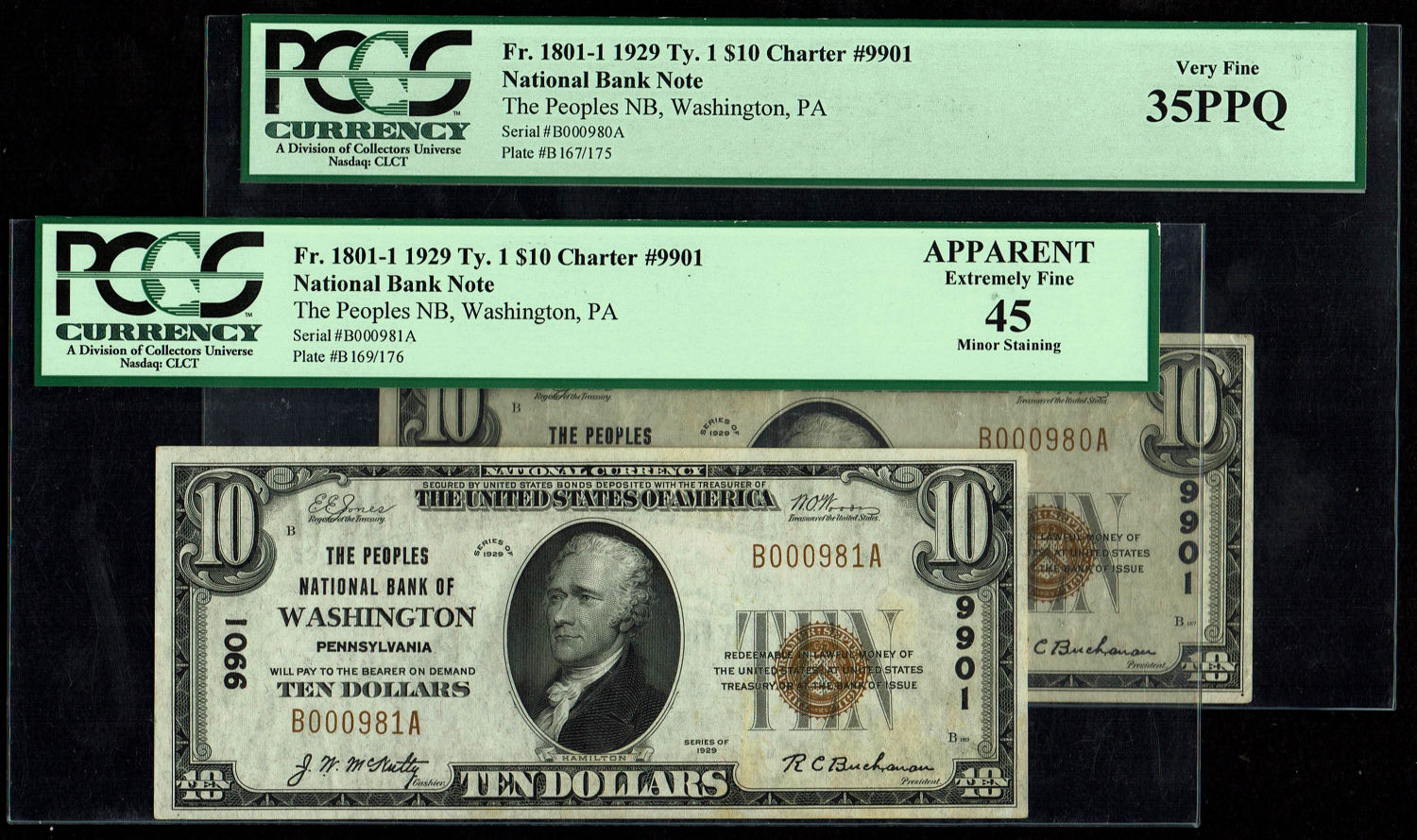 USA - Pair of $ 10 Banknotes 1929 - Consecutive and Low Numbers - 000980-981 - Washington Bank Issue - PCGS ... - 1 0