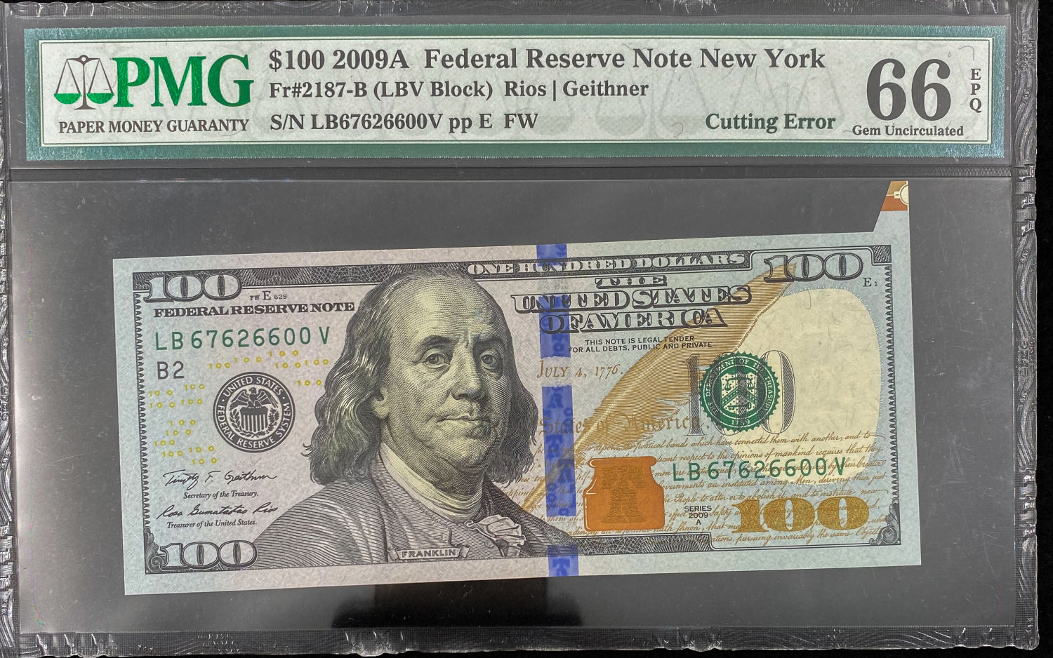 USA - 100 Dollar 2009A - Cutting Error, Excess paper on the top right - PMG 66 EPQ
The dollar (or ... - 1 0