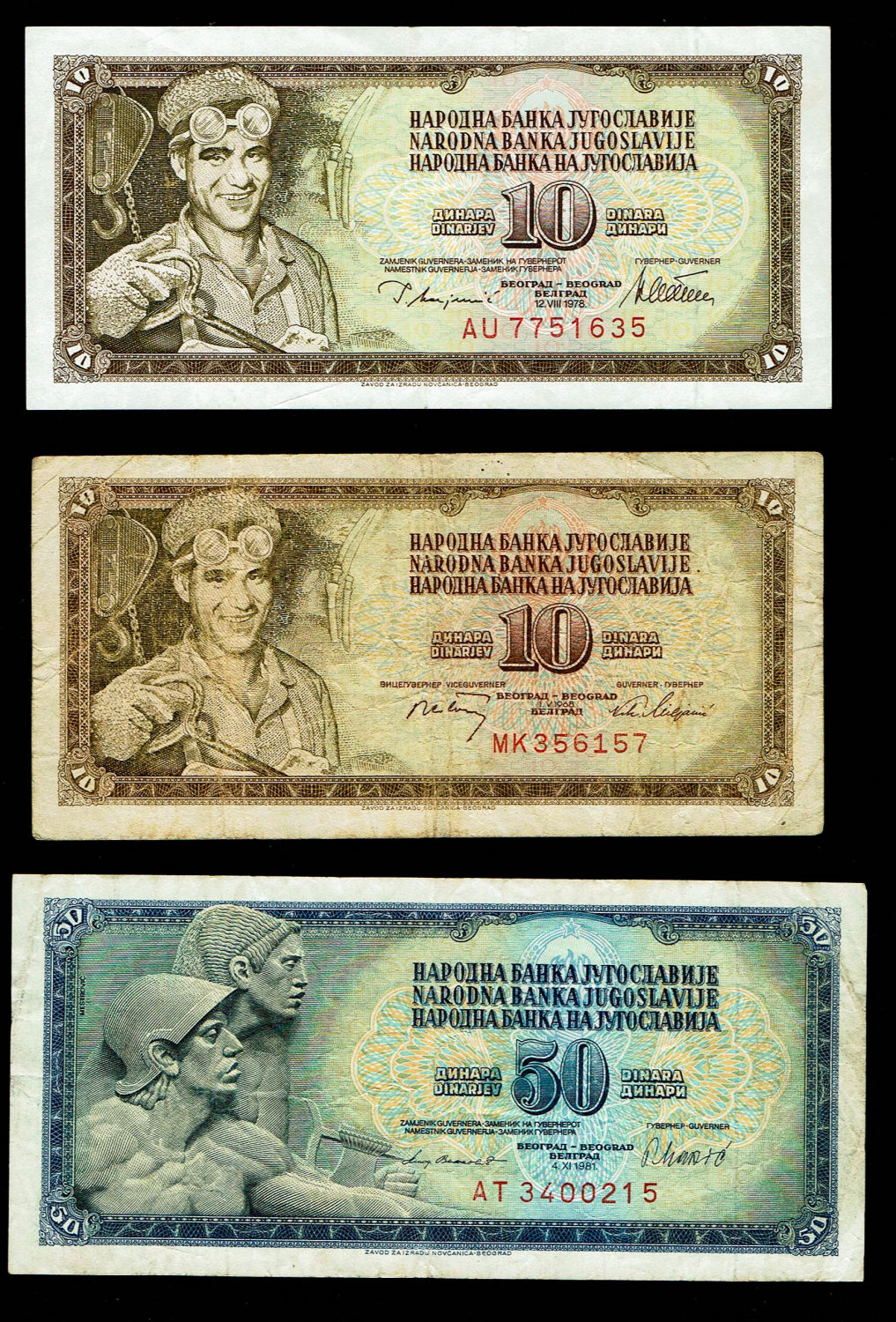 World - Yugoslavia - Lot of 3 10 and 50 Dinar banknotes 1978, 1981 - VF - 1 0