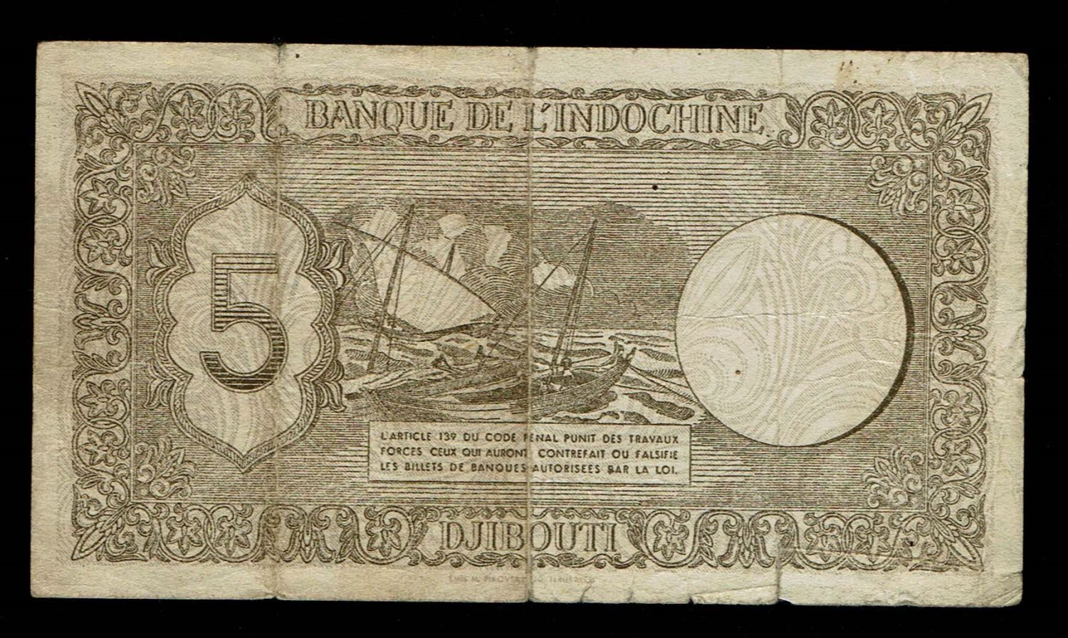 Djibouti - 5 Francs 1945 - VF - Printed in Palestine - 1 1