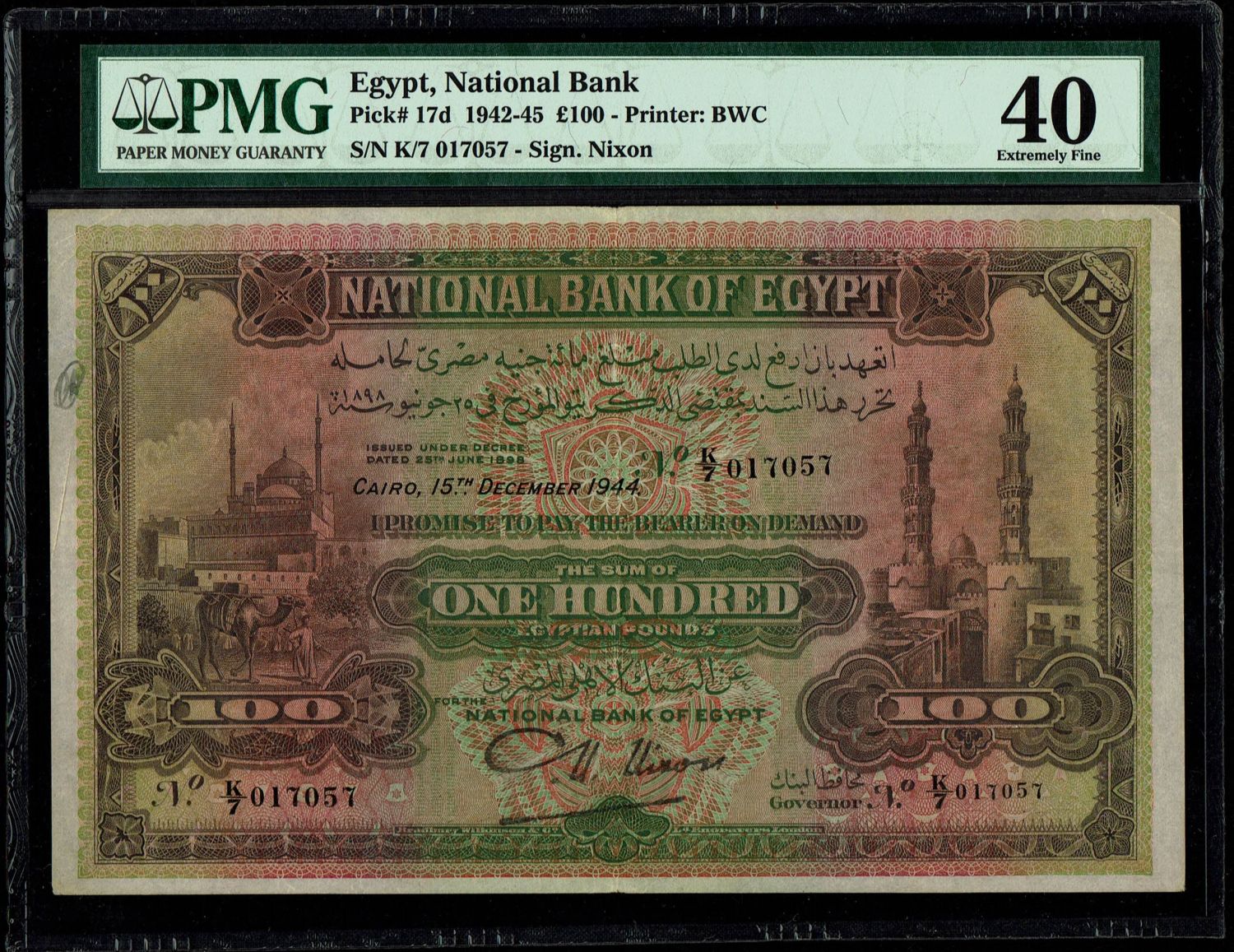 Egypt - 100 Pounds 1944 - National Bank of Egypt - PMG 40 - Rare