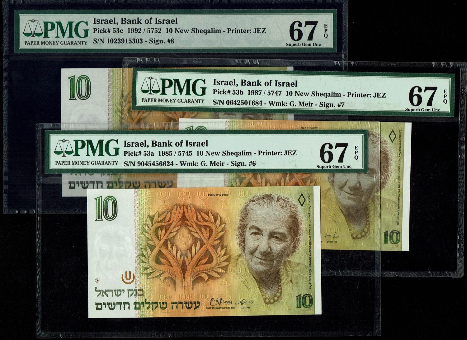 Israel - 10 New Shekel 1985, 1987, 1992 - PMG 67 EPQ - 1 0