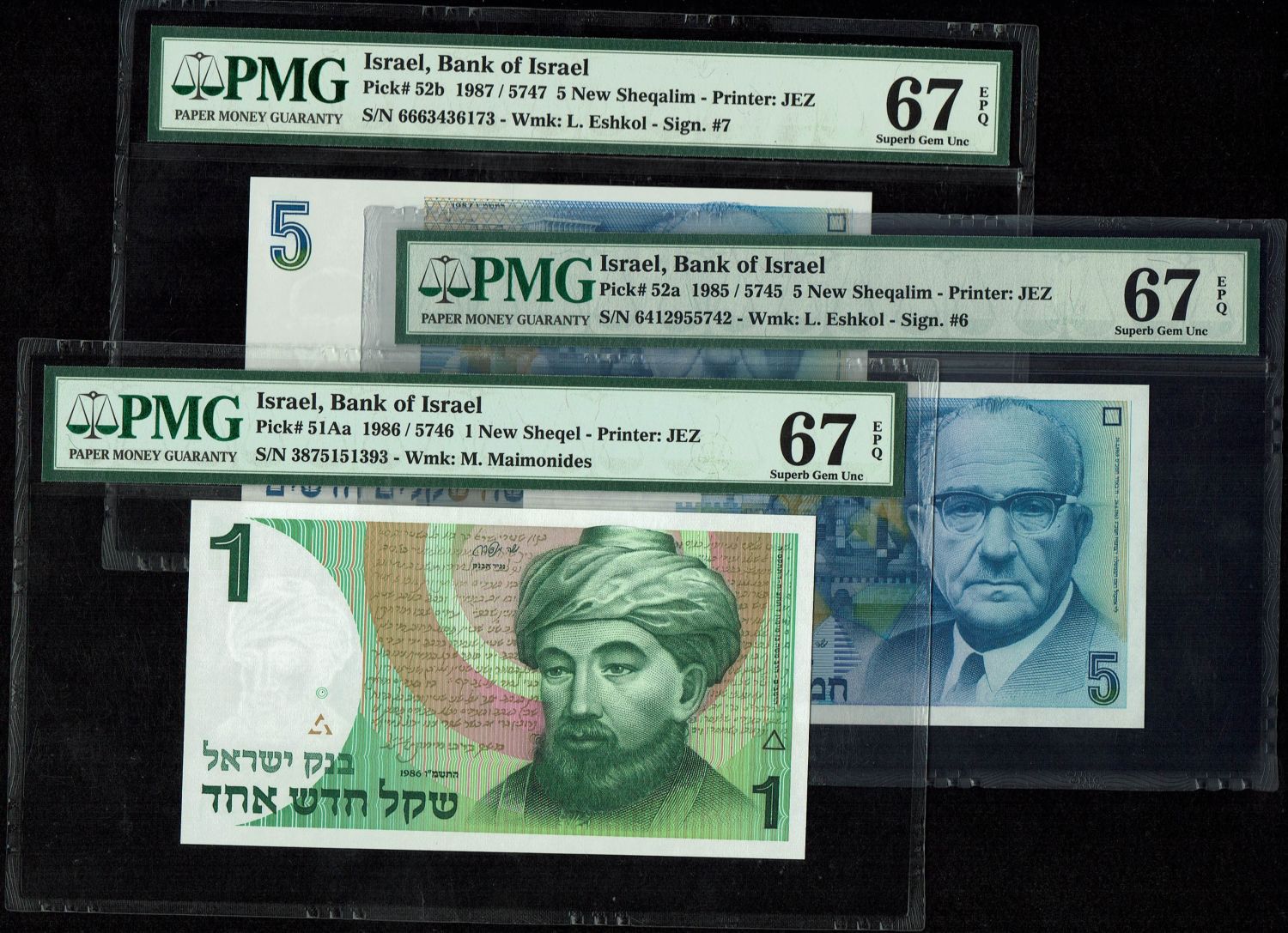 Israel - 1, 5 New Shekel 1985, 1986, 1987 - PMG 67 EPQ - 1 0