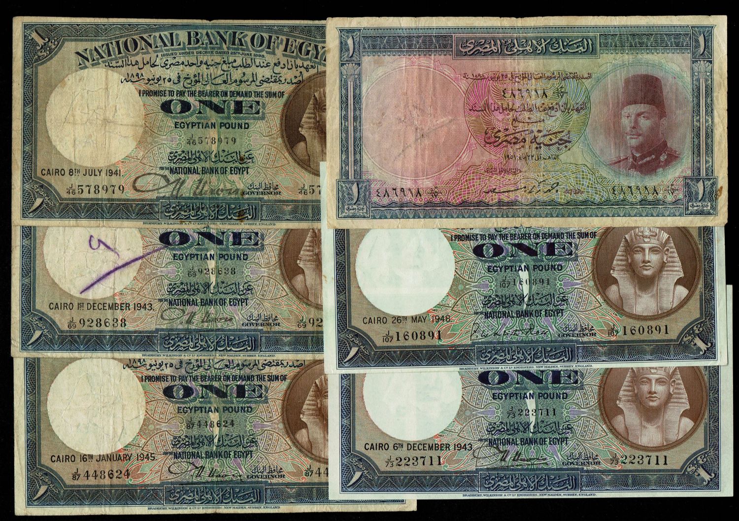 Egypt - 1 Pounds 1941, 1943, 1945, 1948, 1951 - National Bank of Egypt - VF, UNC