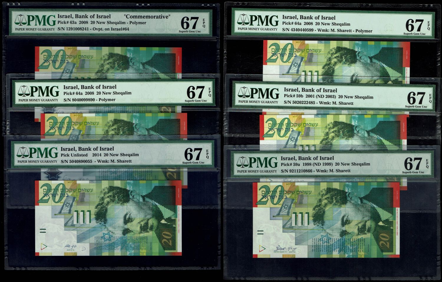 Israel - 6 Diffrent Banknotes Lot of 20 Shekels 1998, 2001, 2008, 2014 - PMG 67 EPQ - 1 0