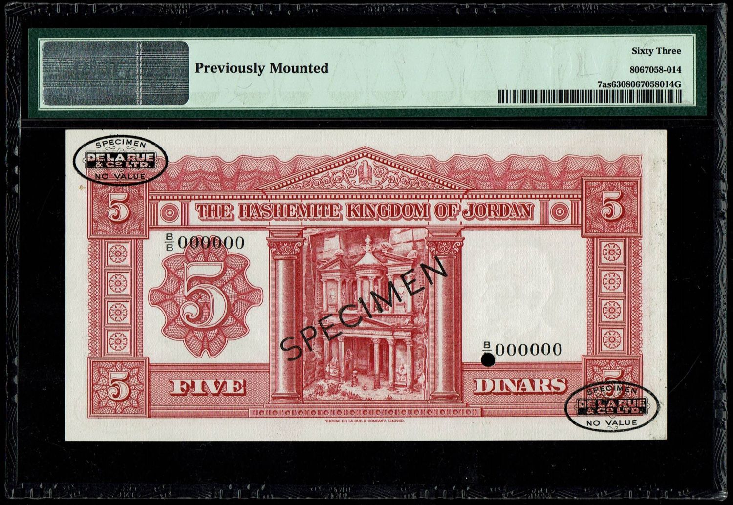 Jordan - 5 Dinar 1949 (Series 1952) - SPECIMEN - PMG 63 - Signature #3 - 1 1