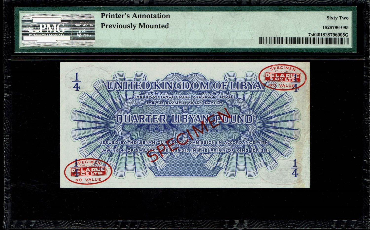 Lybia - 1/4 Pound 1951 - SPECIMEN - PMG 62 - 1 1