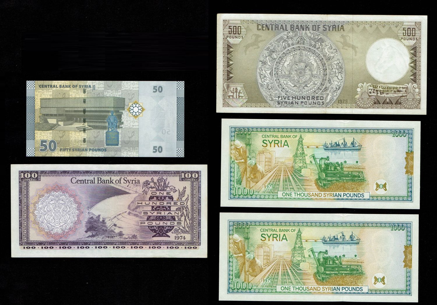 Syria - 50, 100, 500, 1,000 Livres (Pounds) 1974, 1997, 2009, 1979 - Syrian Republic Issue - XF-UNC - 1 1