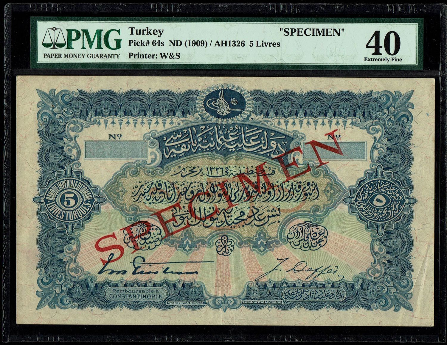 Turkey / Ottoman Empire - 5 Livres (Pounds) 1909 - SPECIMEN - 1 0