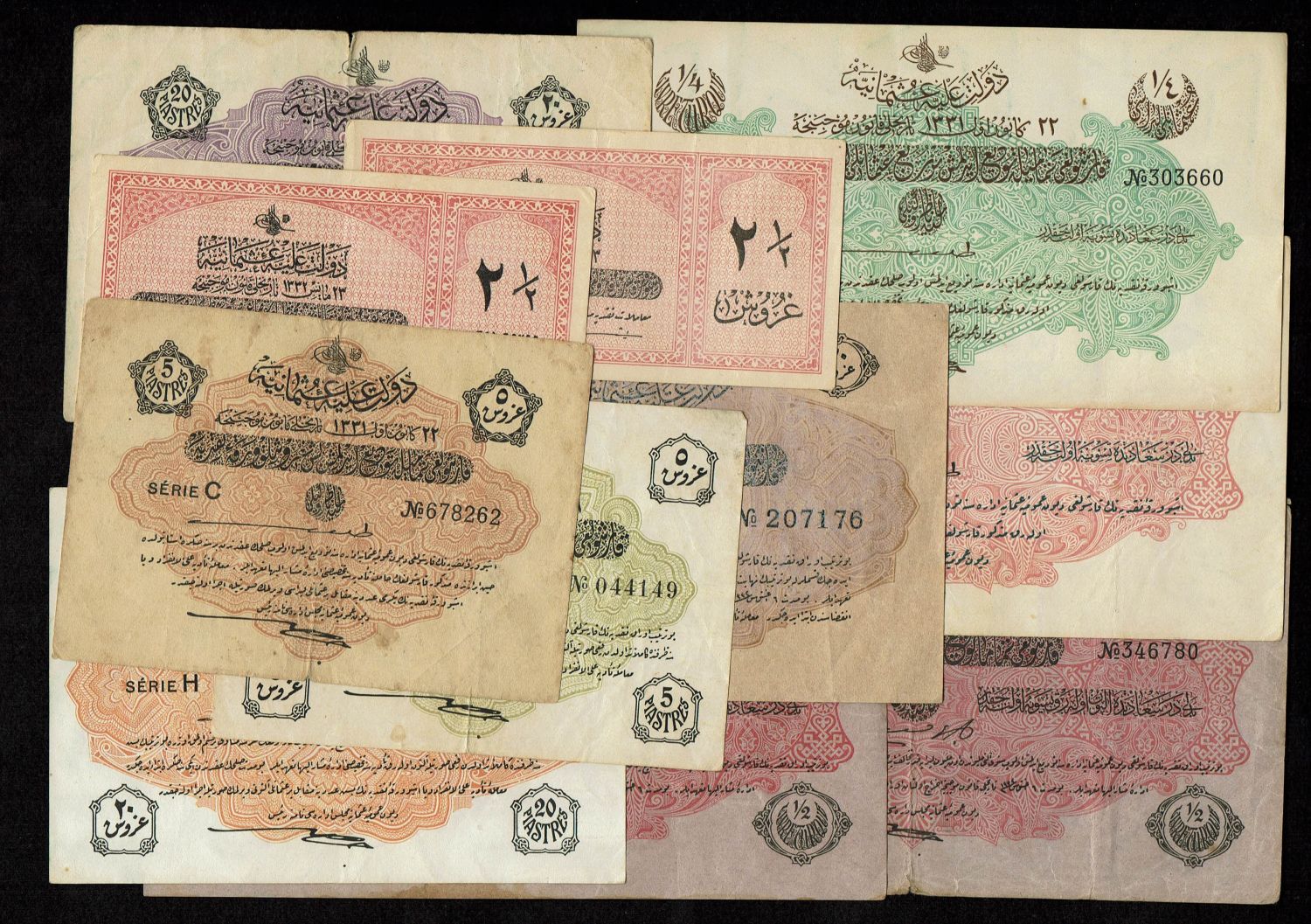 Turkey / Ottoman Empire - 5, 20 Piastres 1915, 1916. 1/4, 1/2 and 2.5 Livres (Pounds) 1915, 1916 - VF-XF - 1 0