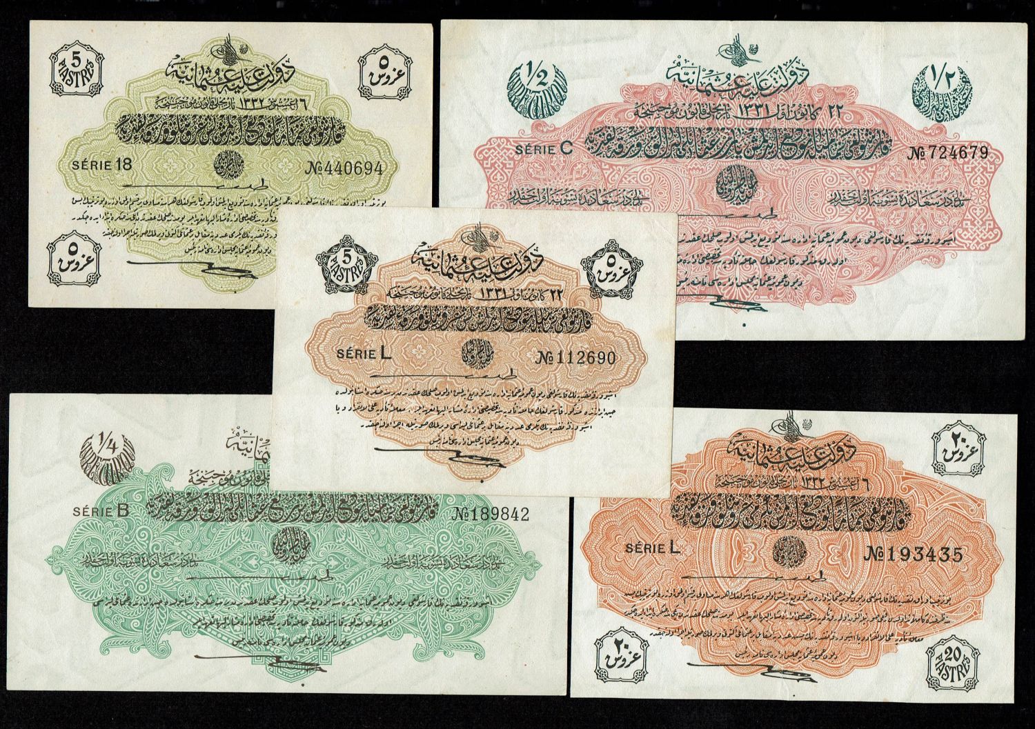 Turkey / Ottoman Empire - 5, 10 Piastres 1915, 1916. 1/4, 1/2 Livre (Pounds) 1915 - VF-XF - 1 0
