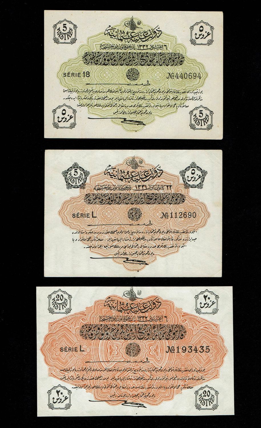 Turkey / Ottoman Empire - 5, 10 Piastres 1915, 1916. 1/4, 1/2 Livre (Pounds) 1915 - VF-XF - 1 1