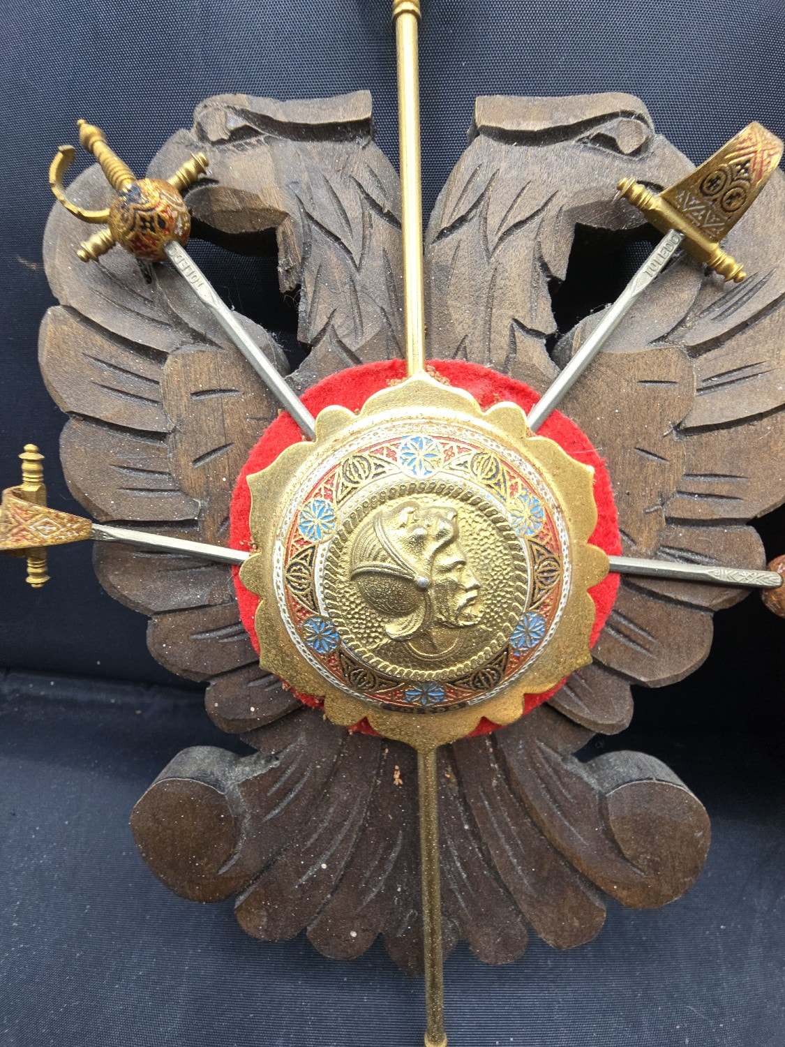 A Pair of Vintage Wall Plaques, comprising a Toledo Spain Double-Headed Eagle Plaque and a Mitchell Clan Crest Plaque - 1 2
