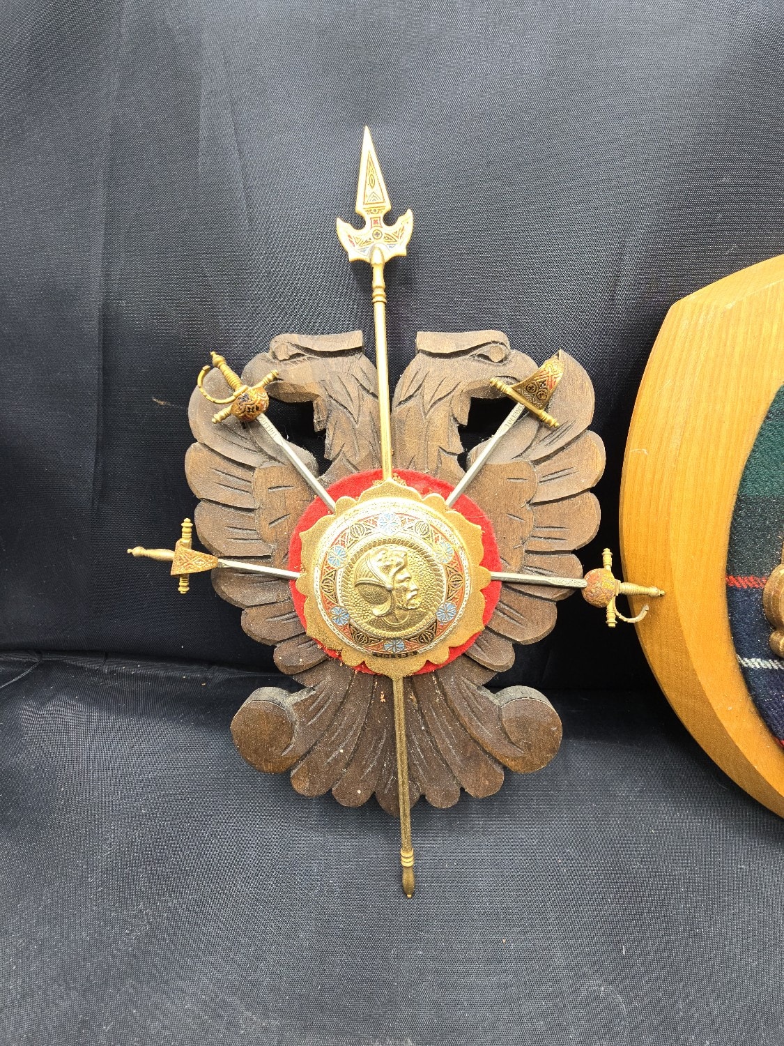 A Pair of Vintage Wall Plaques, comprising a Toledo Spain Double-Headed Eagle Plaque and a Mitchell Clan Crest Plaque - 1 1