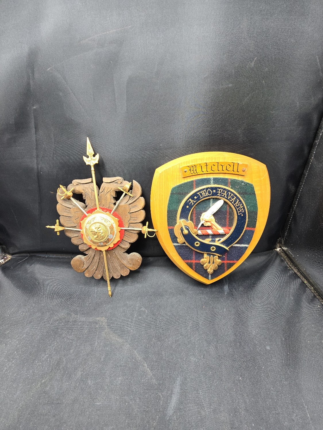 A Pair of Vintage Wall Plaques, comprising a Toledo Spain Double-Headed Eagle Plaque and a Mitchell Clan Crest Plaque - 1 0