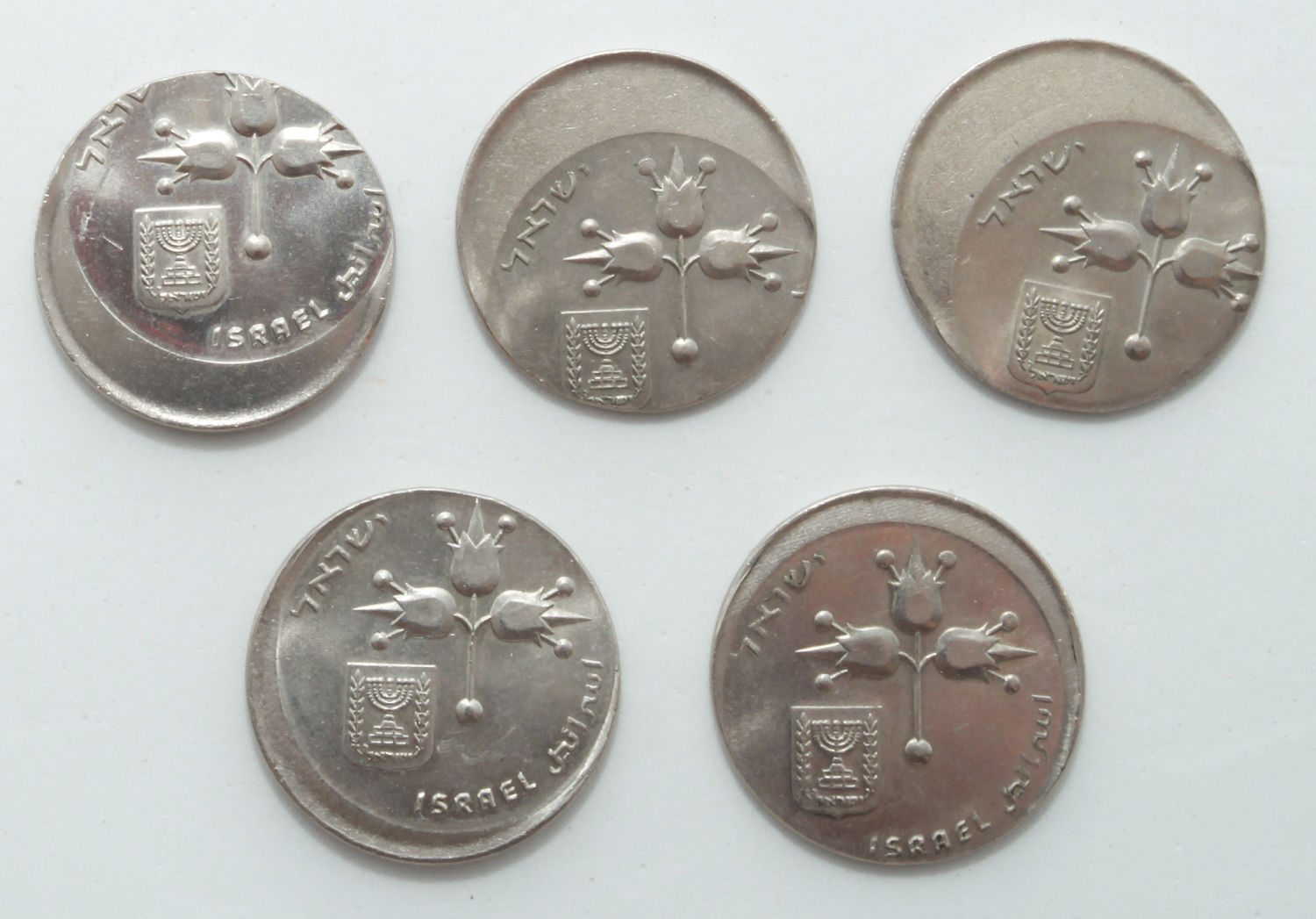 Israel - Lot of 5 coins of 1 Lira 1969, 1970, 1978 - Minting Error - Off-Center - UNC - 1 1