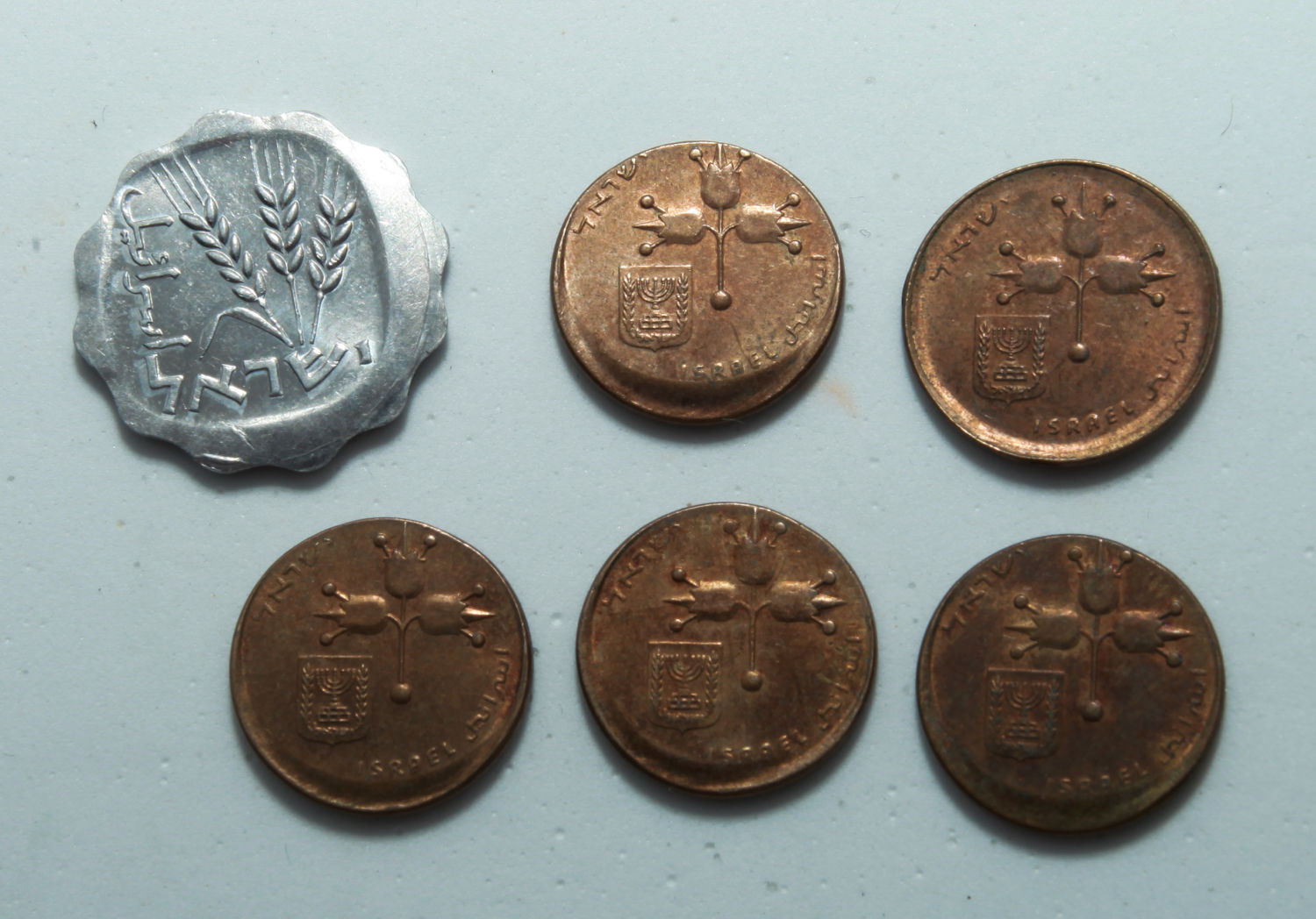 Israel - Lot of 6 coins of 1 Agora 1974 and 10 Agorot 1981 - Minting Error - Off-Center - AU-UNC - 1 1