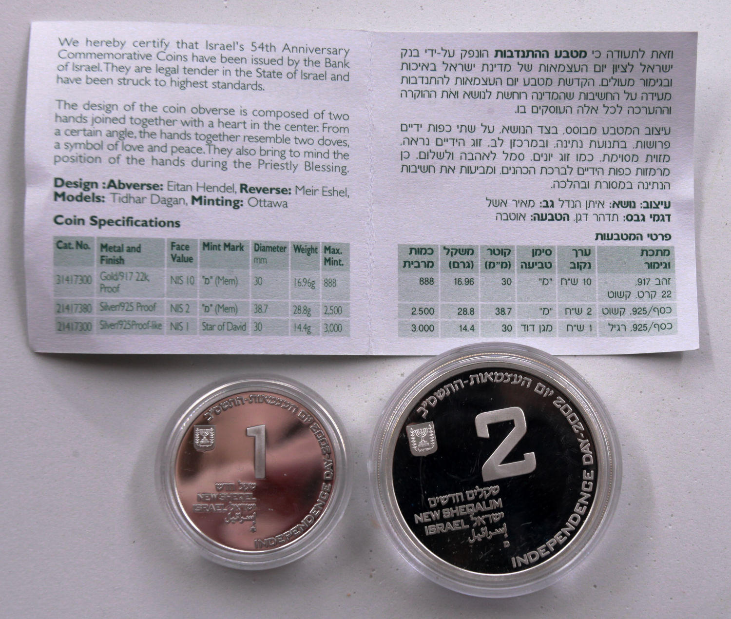 Israel - Pair of 2 Silver coins, 1 Sheqel and 2 Sheqalim 2002 - UNC - 1 0