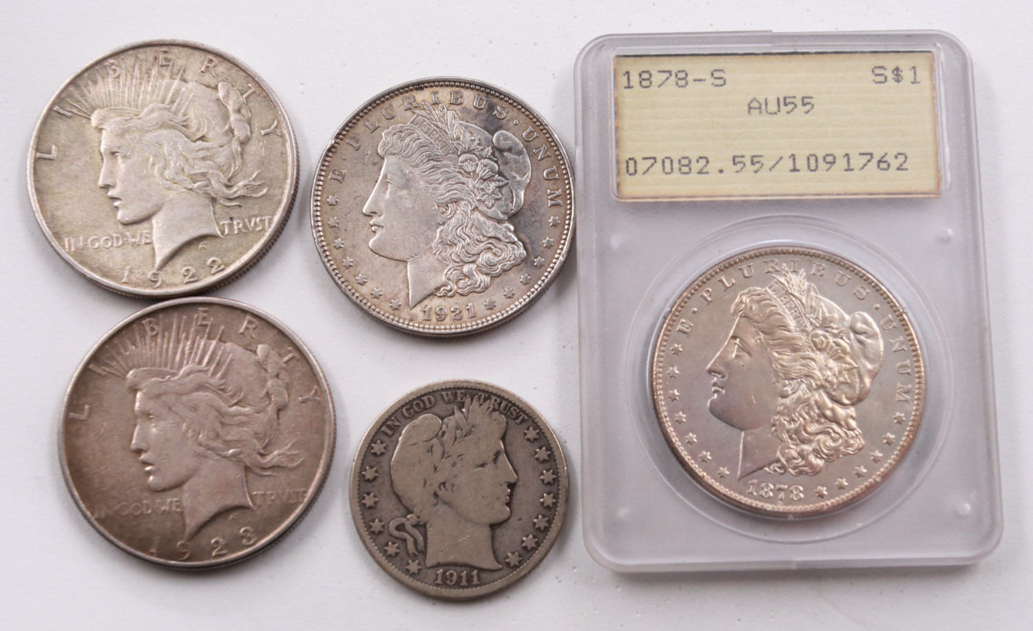 United States - Collection of 5 Coins, 1 Dollar 1878, 1921, 1922, 1923 and a Half Dollar 1911 - VF-AU - 1 0