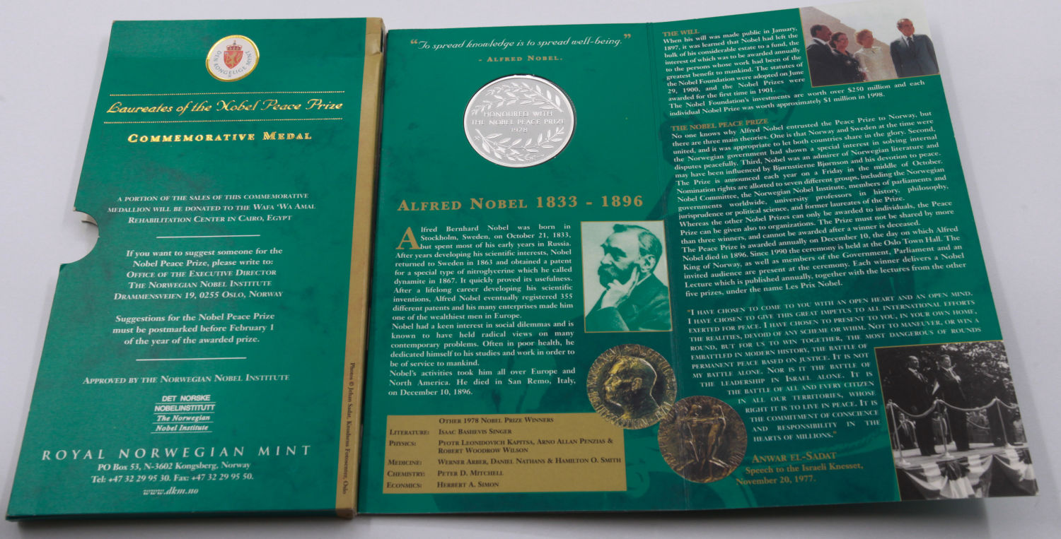 World - Lot of 5 Nobel Prize-winning medals, Menachem Begin, Anwar Sadat, Albert Schweizer, Dali Lama 14 (Tenzin ... - 1 4