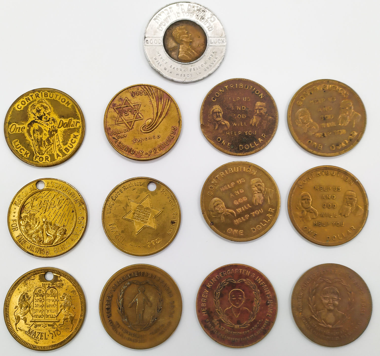 Lot of 13 Jewish tokens from the 1920s-1950s