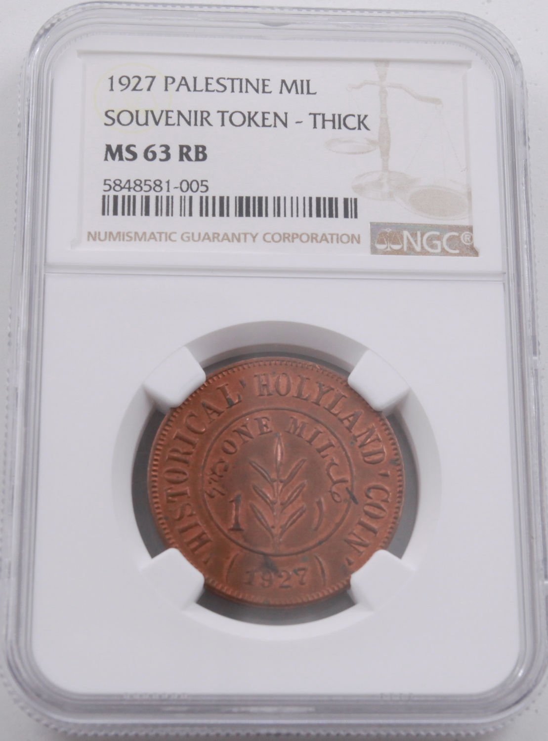 Palestine - 1 Mil 1927 - "Holyland token" - Type 1 - NGC 63 RB - UNC - Rare - 1 2