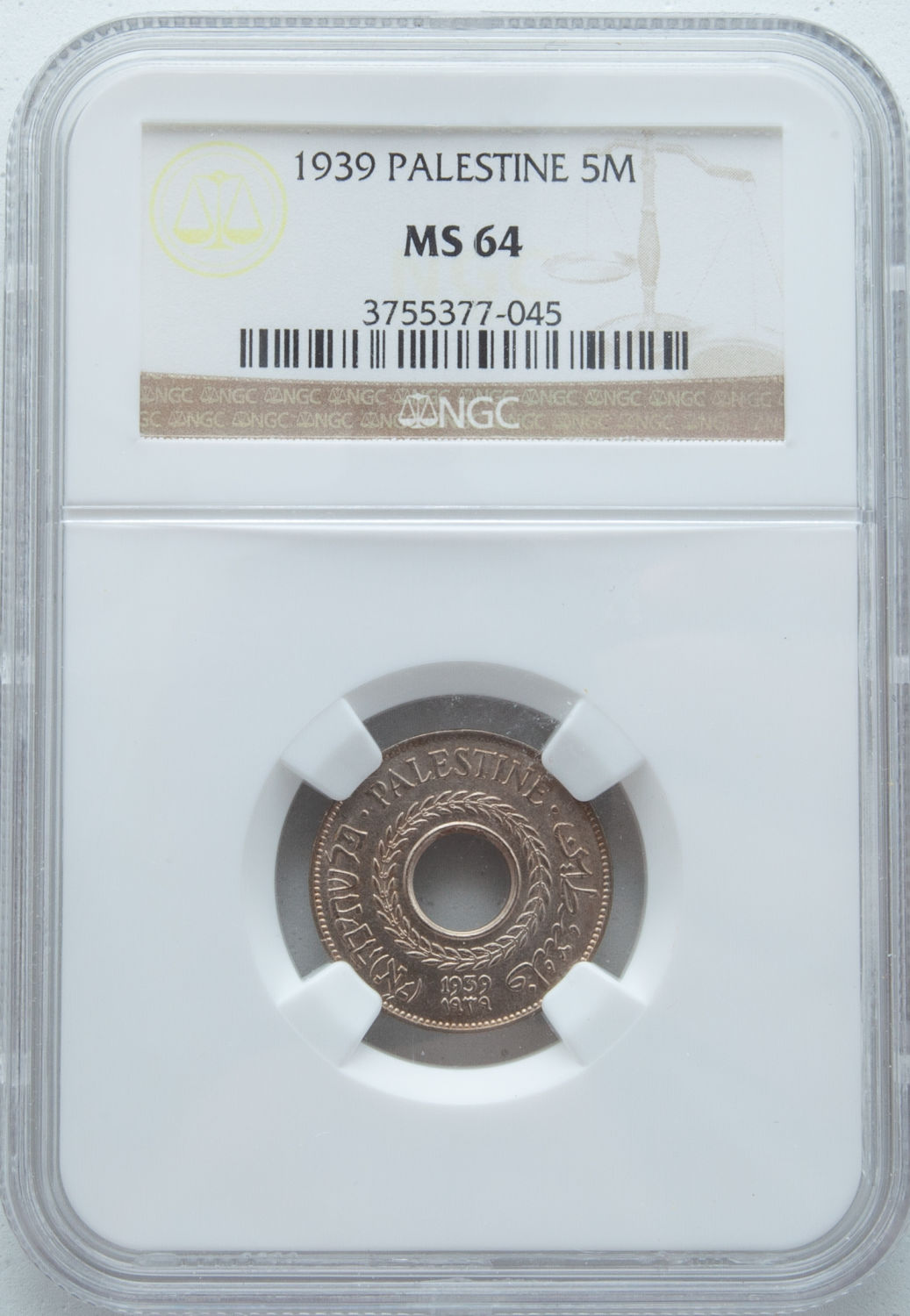 Palestine - 5 Mils 1939 - NGC 64 - UNC - 1 2