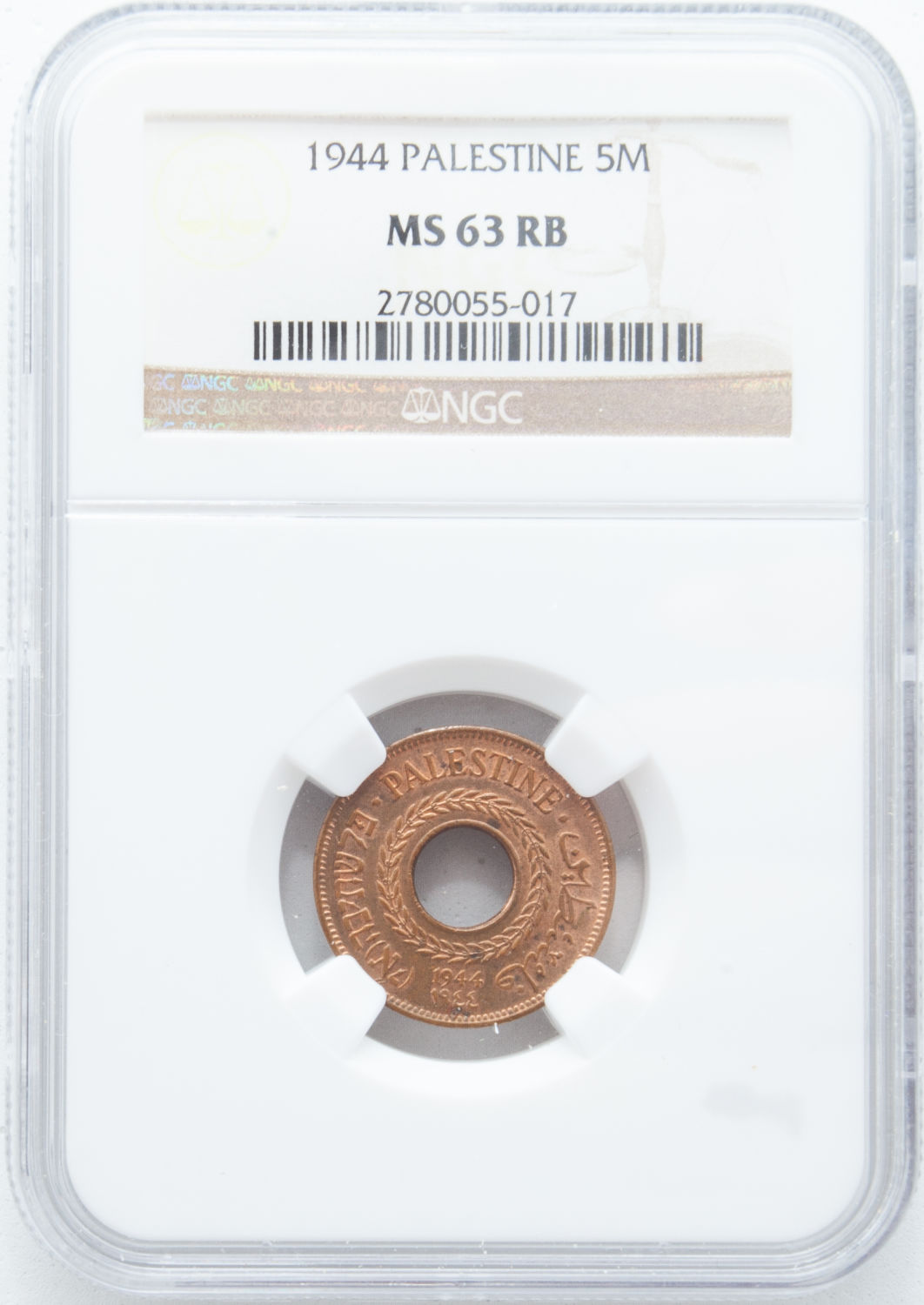 Palestine - 5 Mils 1944 Copper - NGC 63 RB - UNC - 1 2