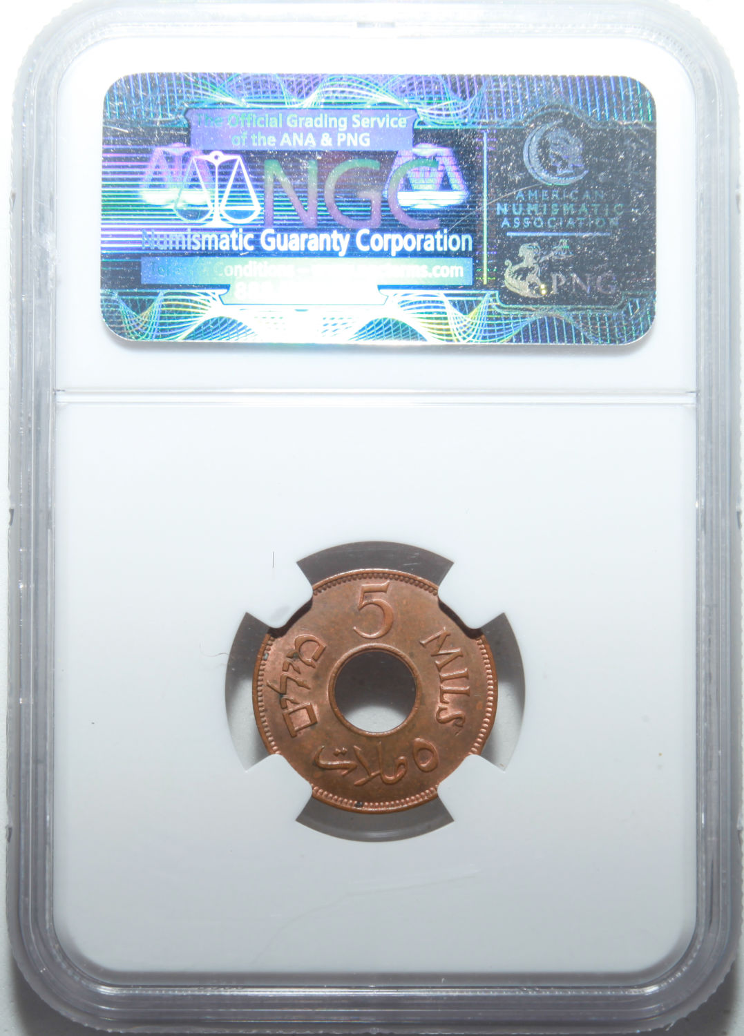 Palestine - 5 Mils 1944 Copper - NGC 63 RB - UNC - 1 3