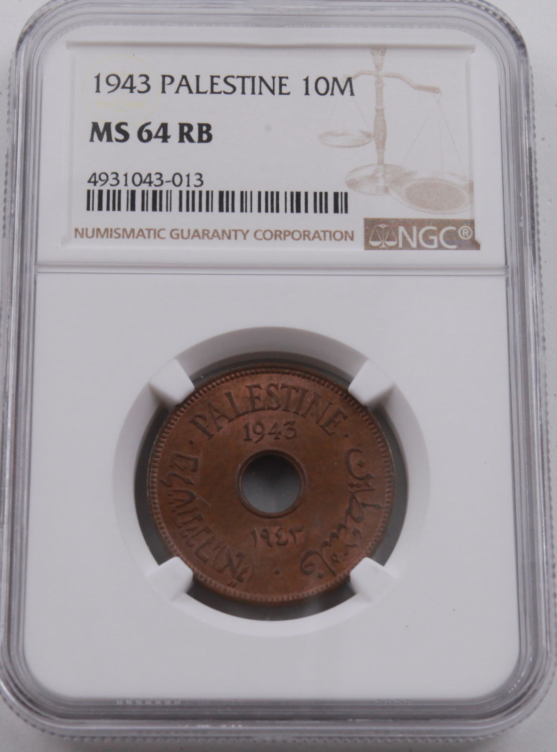 Palestine - 10 Mils 1943 - NGC 64 RB - Very High Grade - Rare - 1 2