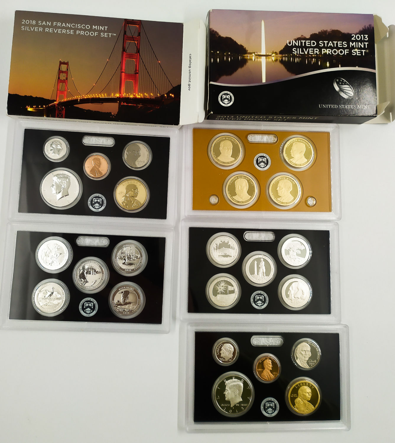 USA - 6 sets, over 70 coins, most of them Proof and silver - 2008, 2013, 2018 - 1 2