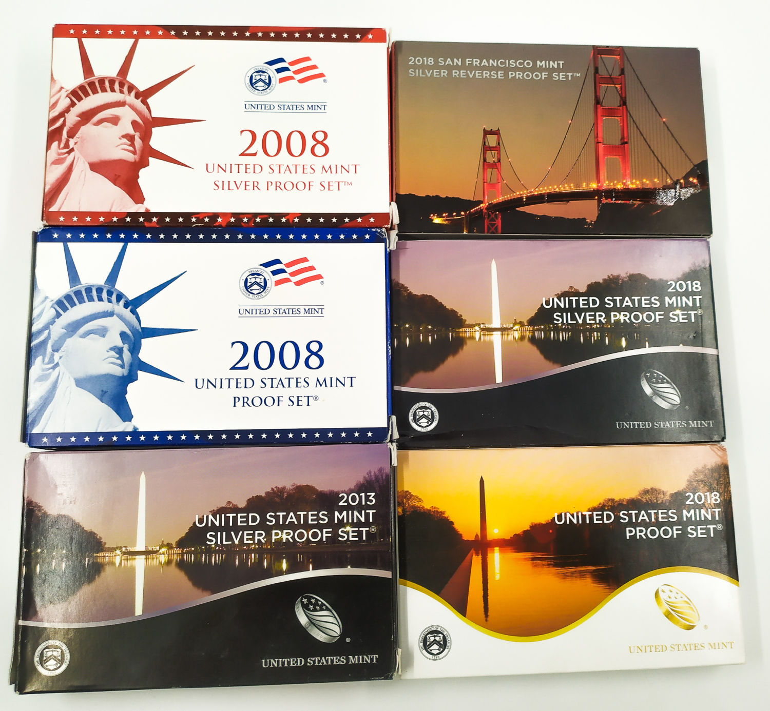 USA - 6 sets, over 70 coins, most of them Proof and silver - 2008, 2013, 2018 - 1 4